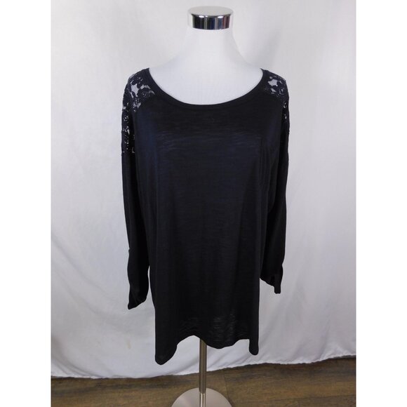 Paper + Tee Shirt Womens 3X Black Lace Sheer Back Long Sleeve Slub Knit Pocket - Picture 1 of 12